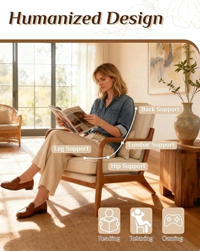 Karl home Accent Chair Mid-Century Modern Chair with Pillow Linen Fabric Upholstered Lounge Arm Chair with Solid Wood Frame & Soft Cushion for Living Room, Bedroom, Balcony, Beige thumbnail 3
