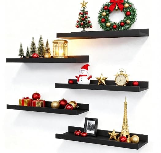 RICHER HOUSE 5 Set Floating Wall Mounted Shelves, Black Shelves for Wall Decor, Modern Picture Ledge Shelf with Lip for Storage, Nursery, Bedroom, Living Room, Bathroom - Black - Image 1