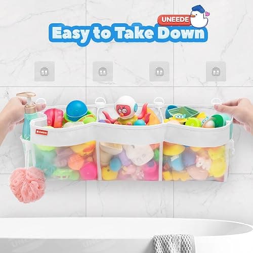 UNEEDE 4.95 Gallons 3 Compartment Horizontal Bath Toy Storage | Extra Large Capacity,Mesh Quick Dry Bathtub Storage and Organizer,Easy Access Baby Bath Toy Holder Shower Caddy thumbnail 6