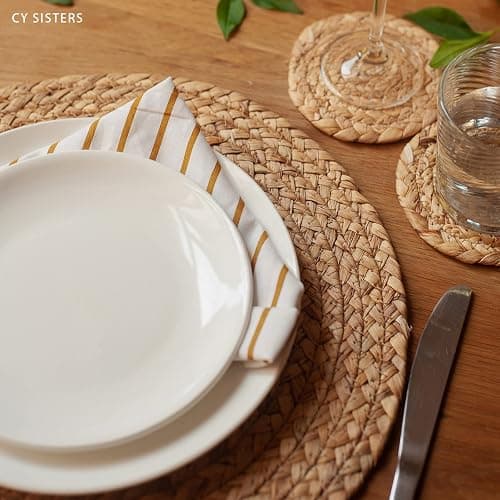CY SISTERS Woven Placemats Round Placemats Set of 6, 13.5 Inch Wicker Placemat Circle Rattan Placemats Farmhouse Boho Braided Natural Water Hyacinth Place Mats for Indoor & Outdoor Table Decor thumbnail 2