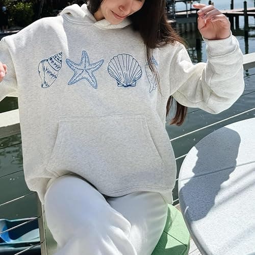 Cute Hoodies for Teen Girls Y2k Seashell Graphic Beach Oversized Sweatshirt | Women Embroidered Ocean Print Baggy Jacket Coastal Aesthetic Clothes Streetwear thumbnail 3