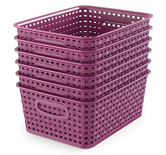 WYT 6-Pack Plastic Small Shelf Storage Weave Baskets Organizing for Cabinets and Pantries, Deep Purple - Image 1
