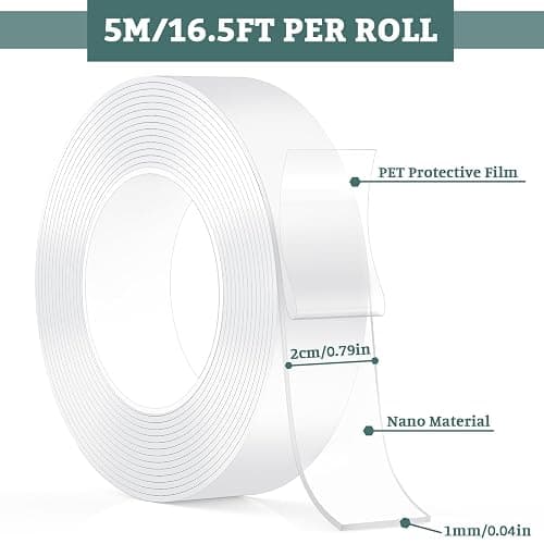 MOKANI 3 Rolls Nano Double Sided Adhesive Tape, 5M/16.4FT Multifunctional Reusable Washable Traceless Transparent Gel Tape, Wall Sticky Strips for Kitchen, Party, Paste Photos Posters, Carpet Fixing thumbnail 2