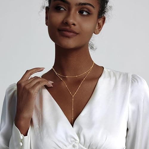 LULII Gold Necklace for Women Trendy Lariat Y Necklace Dainty 14k Gold Plated/Silver Long Necklaces for Women Layered Beaded Drop Necklaces Simple Y-Shaped Chain Jewelry Gifts thumbnail 3