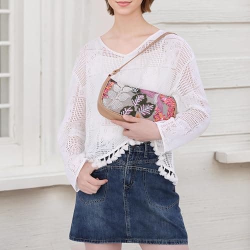 Oweisong Women Floral Beaded Purses Summer Hobo Embroidered Shoulder Bag Leather Sequin Top Handle Underarm Handbag thumbnail 7