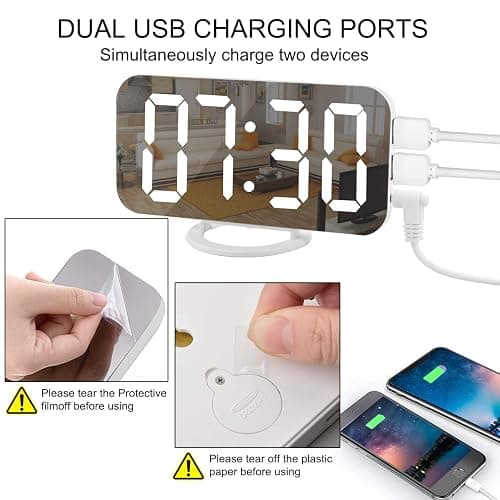 SZELAM Digital Clock Large Display, LED Electric Alarm Clocks Mirror Surface for Makeup with Diming Mode, 3 Levels Brightness, Dual USB Ports Modern Decoration for Home Bedroom Decor-White (001) thumbnail 5