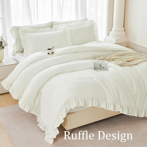 ANGIYUIN 5Pcs Full Szie Comforter Set Ivory Ruffle Bed in A Bag with Sheets Beige Farmhouse Aesthetic Bedding Comforter Set Soft Fluffy Bed Sets for Kids Teens(Ivory Full) thumbnail 6