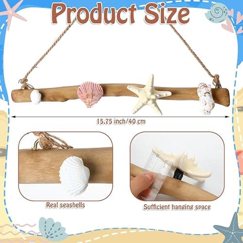 Gerrii 16 Inch Seashell Bikini Rack Driftwood Wall Mounted Hook Swimsuit Organizer Coastal Wooden Coat Rack for Summer Ocean Theme Beach Bathroom House Decor Swimming Pool(Classic) thumbnail 3