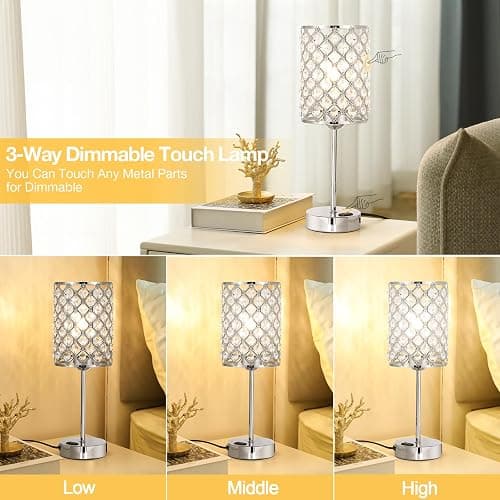 Hong-in Crystal Table Lamp, Crystal Lamp Touch Control with USB-C USB-A Charging Ports & AC Outlets, 3 Way Dimmable Bedside Lamp-Nightstand Lamp Modern Light for Bedroom, Living Room, Bulb Included thumbnail 3