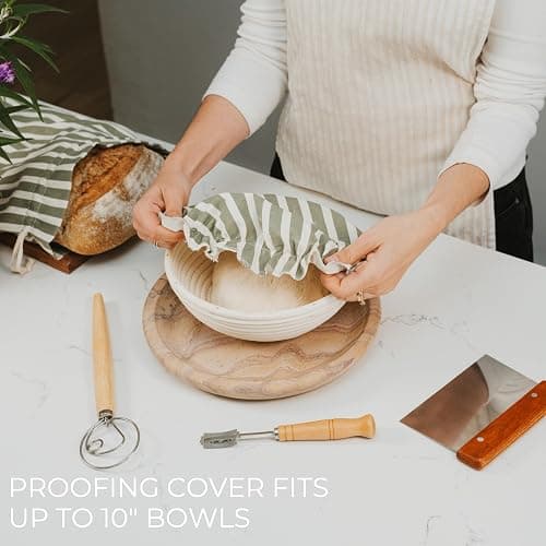 KIBAGA Beautiful Linen Bread Bag Set and Proofing Cover For Homemade Sourdough Bread - Keeps Your Loaf Fresh for Days - Reusable and Easy to Clean Storage Bag, The Perfect Baking Accessories thumbnail 6