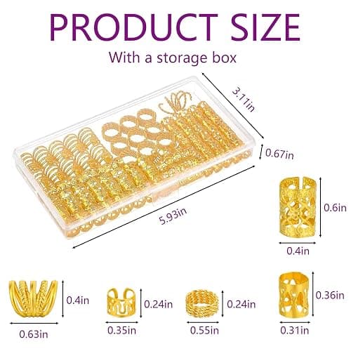 Tuefuzy 110 Pcs Gold Hair Jewelry for Braids and Dreadlocks - Metal Rings, Cuffs, Clips Accessory Decorations - Golden Yellow thumbnail 3