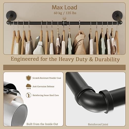 RSFMAS Wall Mounted Clothes Rack, Industrial Pipe Clothing Rack 28 Inch Black, Wall Clothes Hanger for Bedroom, Cloakroom, Closet, Hallway, Boutique Display, Drying Racks Wall-Mount for Laundry thumbnail 4