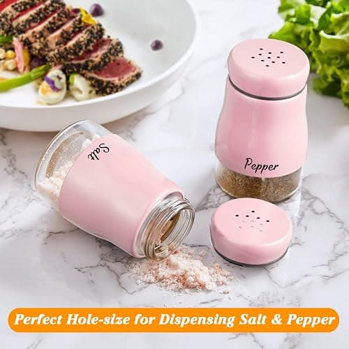 Pink Salt and Pepper Shakers Set, Bivvclaz 5 oz Salt and Pepper Dispenser with Glass Bottom, Cute Salt and Pepper Shakers for Pink Kitchen Decor and Accessories, Easy Filling thumbnail 2