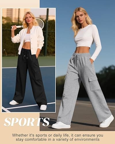 Neer 3 Pack Women's Cargo Sweatpants Wide Leg | Baggy, Loose, Pants with 4 Pockets, Elastic Waist, Drawstring, Casual, Athletic, Sweat, Joggers, Lounge, Running, Dance thumbnail 5
