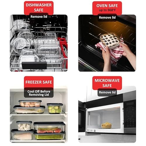 EATEX 7 Pack Glass Meal Prep Containers with Grooved Base, 7 Stackable BPA Free Glass Storage Containers with Lids for Lunch, Pantry, and Kitchen - Microwave, Dishwasher Freezer & Oven Safe - Black thumbnail 4