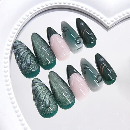 24Pcs Green Press on Nails Medium Almond Fake Nails with 3D Green Ripple Design Handmade Press on French Nails Tips Leaves Pattern Full Cover Glossy Y2k Reusable DIY Nails for Women Nail thumbnail 3