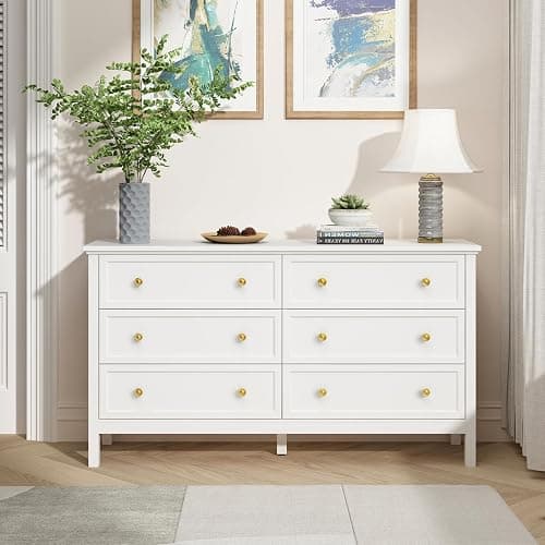 CARPETNAL White Dresser for Bedroom, 55 Inch 6 Drawer Dresser with Wide Drawer and Gold Handles, Woode Dressers & Chests of Drawers for Hallway, Entryway. thumbnail 4