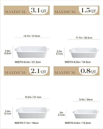 MALACASA Casserole Dishes for Oven, Porcelain Baking Dishes, Ceramic Bakeware Sets of 4, Rectangular Lasagna Pans Deep with Handles for Baking Cake Kitchen, White (9.4"/11.1"/12.2"/14.7"), Series thumbnail 3