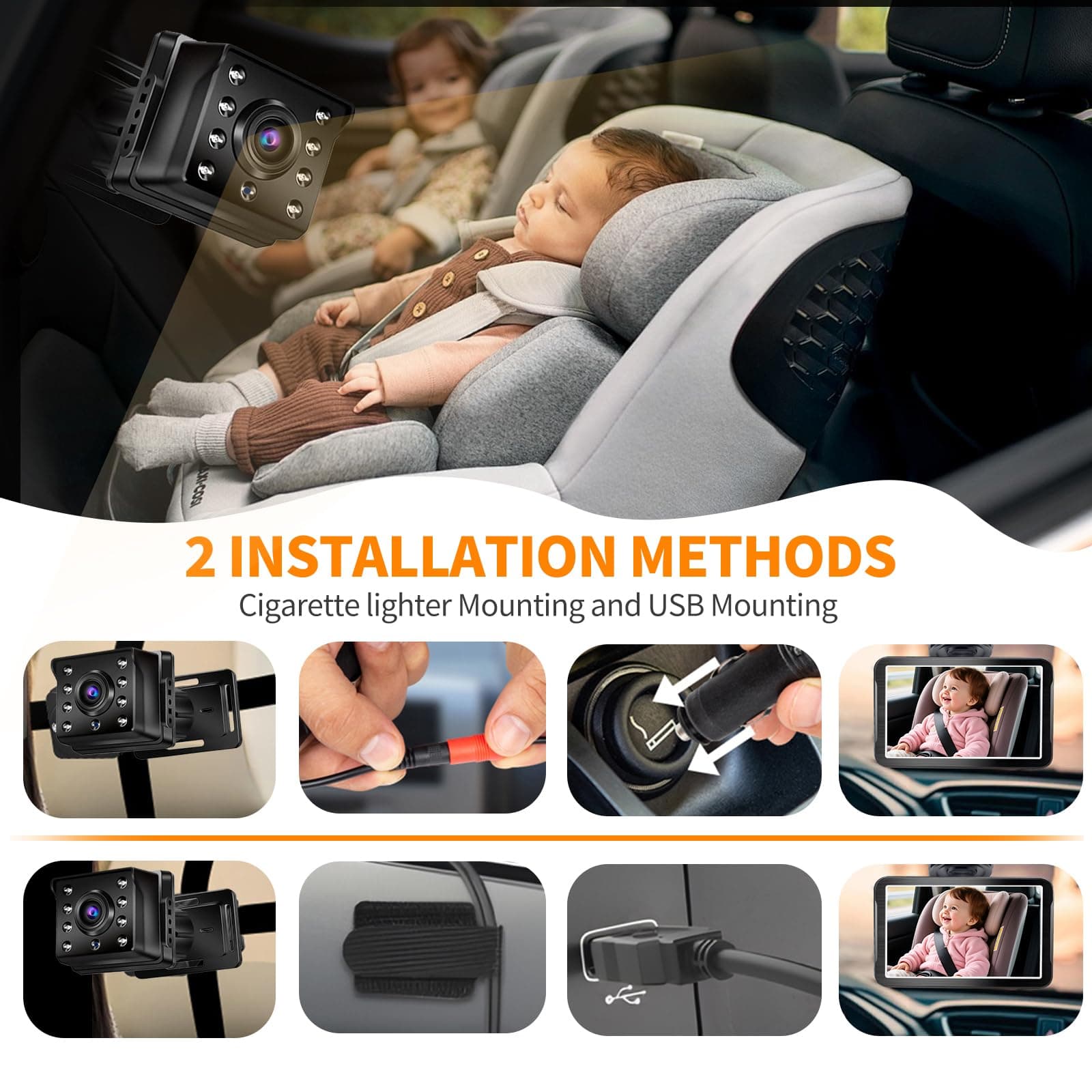 Omebel Baby Car Camera, Baby Car Mirror, 4.3" HD 1080P, 360 °Rotation Night Vision Baby Monitor with Camera, Rear Facing 5 Mins Easy Installation thumbnail 5