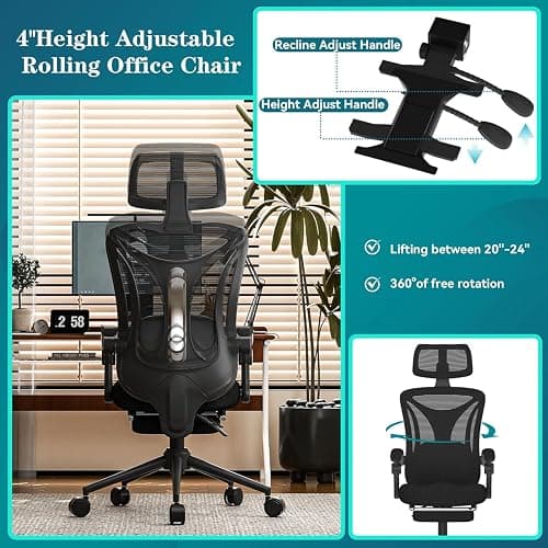 Ergonomic Office Chair with Footrest - Adjustable Lumbar Support & Headrest, 90-160° Reclining Mesh Back Computer Chair - Home Office/Gaming, 330lbs Capacity (SGS Certified) thumbnail 5