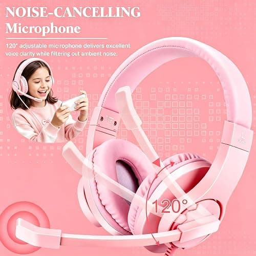DIWUER Gaming Headset for Xbox One, PS4, PS5, Nintendo Switch, Bass Surround and Noise Cancelling 3.5mm Over Ear Headphones with Mic for Laptop PC Smartphones, Pink thumbnail 3