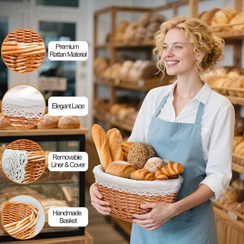 Nicunom Wicker Bread Basket for Serving, 12 In Large Woven Bread Baskets with Removable Liner & Cover, Sourdough Bread Serving Basket Fruit Basket for Kitchen Picnic Entertaining Gift thumbnail 6