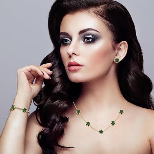 Qinpan Five Leaf Clover Necklace Bracelet and Stud Set for Women Lucky Flower Gold Plated Jewelry thumbnail 2
