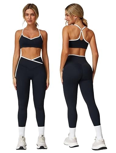 ABOCIW Workout Sets for Women 2 Piece Color Block Strappy Sports Bra High Waist Leggings Gym Yoga Pilates Outfits - Image 1