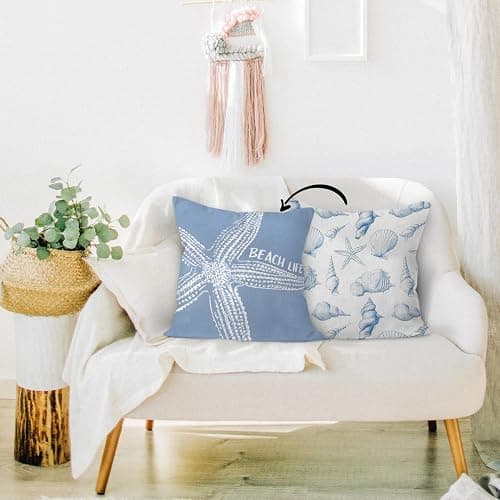 HIWX Coastal Beach Starfish Seashell Pillow Covers 18x18 Double-Sided, Coastal Beach Room Decor, Blue Ocean Beachy Seashell Decorative Pillow Covers for Couch Bed Home Bedroom Decor thumbnail 5