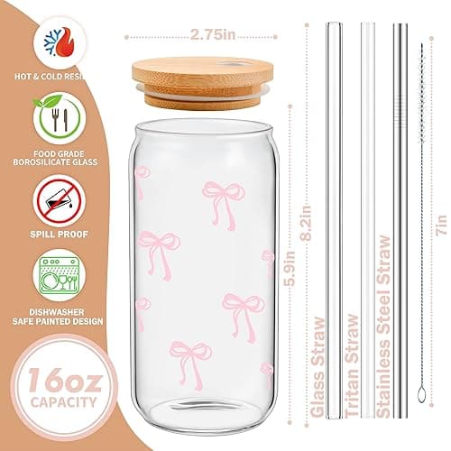 BIPEDS Coquette Cute Pink Bow Glass Cups with Lids and Straws, Aesthetic Iced Coffee Cup, Girly Preppy Design Tumbler Mug, Birthday Valentines Christmas Gifts for Women, Teen Girl Gifts Trendy Stuff thumbnail 4