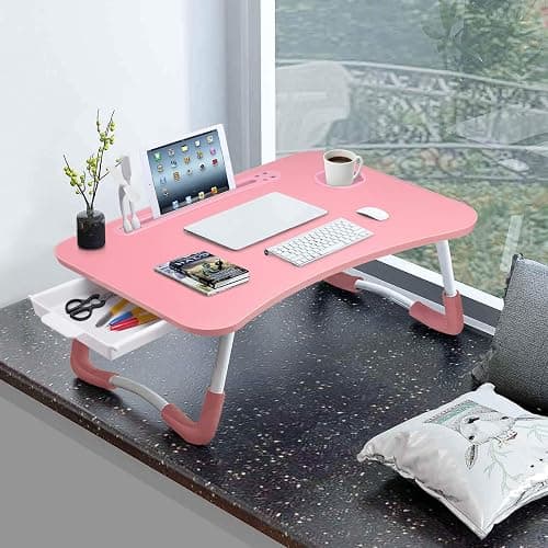 Slendor Lap Desk with Tablet Slot, Foldable Laptop Table with Storage Drawer for Bed，Portable Bed Desk for Laptop, Computer Tray with Cup Holder Notebook Stand Reading Holder for Couch Floor, Pink thumbnail 2