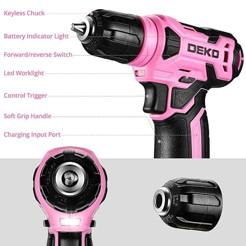 DEKOPRO 8V Cordless Drill, Drill Set with 3/8"Keyless Chuck, 42pcs Acessories, Built-in LED, Type-C Charge Cable, Pink Power Drills for Drilling and Tightening/Loosening Screws thumbnail 3