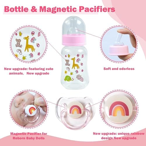 SCOM Reborn Baby Dolls Accessories Set - Rainbow Transparent Magnetic Pacifiers & Removable Reusable Baby Doll Bottles with Silicone Pacifier Clips for Reborn Dolls Girls, Pink Style, 3 Pcs thumbnail 5