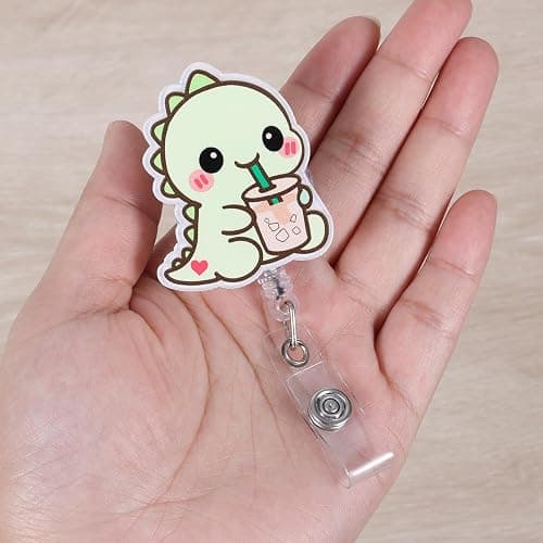 Dino With Iced Coffee Funny Medical Badge Reel | Retractable ID Card Dinosaur Badge Holder | Name Tag Work Badge Clip for RN LPN CNA MA Night Shift Nurse Nursing Student Doctor | Nurse Gifts | Acrylic thumbnail 4