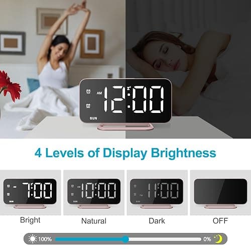 Slim LED Digital Alarm Clock, Mirror Surface for Makeup, with Diming, Large Display, Easy Setting, USB Ports, Modern Decor for Bedroom, Desk, Christmas, Birthday Idea Gift for Women, Sister, Mom, Pink thumbnail 7