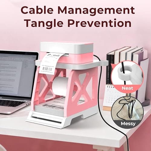 Guermok 3-in-1 Thermal Label Holder Stand for Printer Desk Organizer for Roll & Fan-Fold Labels, Cable Management, Easy Assembly for Home, Office, Retail & Small Business Pink thumbnail 4