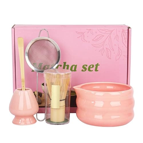 Set of 5 Matcha Tea Set with Whisk and Bowl, Matcha Kit for Ceremony Ceramic Matcha Bowl Gift for Tea Lovers(Pink) - Image 1