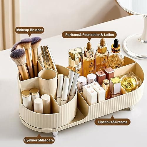 Rotating Makeup Organizer for Vanity with Brush Holder, Cosmetic Makeup Storage Organizer, Large Spinning Makeup Skincare Organizer, Countertop Makeup Perfume Organizer, Lotions Display Case Ivory thumbnail 3