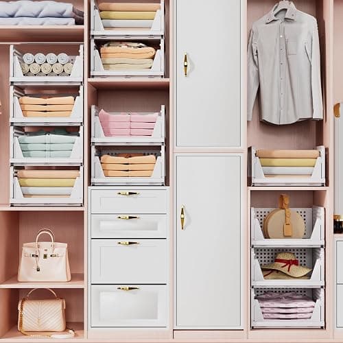 TidyIsles Wardrobe Storage Organiser - 4 Pack Folding Closet Organisers, Stackable Storage Boxes, Plastic Drawer Organiser Basket for Bedroom Kitchen Bathroom White thumbnail 9