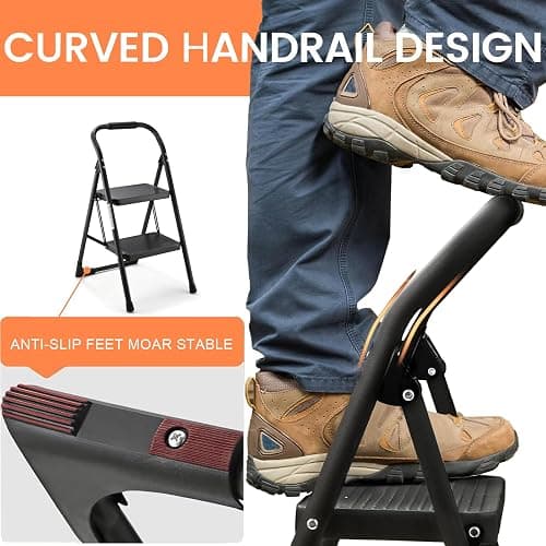 Step Stool for Adults,2 Step Ladder Folding 330lbs Anti Slip Step Stool,Foldable Ergonomic 2 Steel Stool with Wide Pedal for Home, Kitchen, Office (Matte Black) thumbnail 6