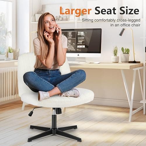 Sweetcrispy Criss Cross Chair Legged, Furry Armless Office Swivel Desk Chairs No Wheels, Vanity Height Adjustable Wide Seat Comfy Cute Computer Task Chair for Home Bedroom, Teddy Beige thumbnail 3