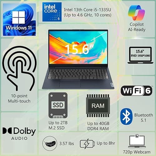 Lenovo 15.6" Touchscreen Laptop Computer, Intel 10-Core i5-1335U, 16GB RAM, 512GB PCIe SSD, Lifetime Office 365, WiFi 6, Type-C HUB, Fast Charge, Windows 11 Home, 2026 Edition for Business & Student thumbnail 2