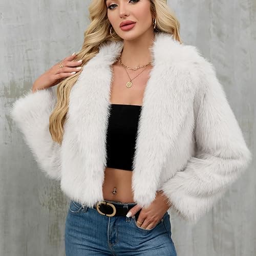 Womens Faux Fur Cropped Coat Luxury Lapel Long Sleeve Fleece Jacket Plush Open Front Cardigan Windproof Outwear Coats Winter Warm Super Soft Thick Short Jackets Parka Fluffy Tops Solid Color thumbnail 3