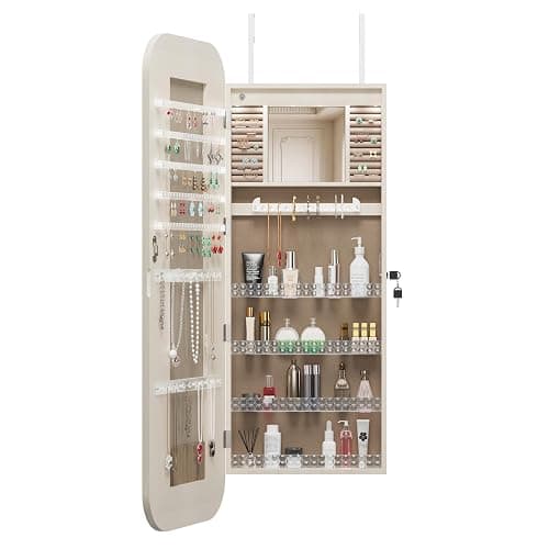 Noeko Jewelry Cabinet Wall/Door Mounted, Jewelry Armoire Organizer, 3.7 x 14.5 x 47.2 Inches Lockable Storage Cabinet, Interior Lighted Mirror, Gift Idea, White thumbnail 9