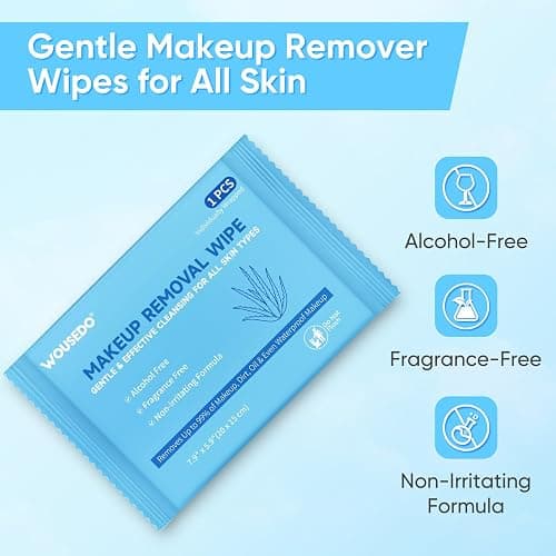 WOUSEDO 100 Count Makeup Remover Wipes, Bulk Gentle Cleansing Facial Towelettes, Individually Wrapped Travel Size,Alcohol-Free & Hypoallergenic for All Skin Types thumbnail 2