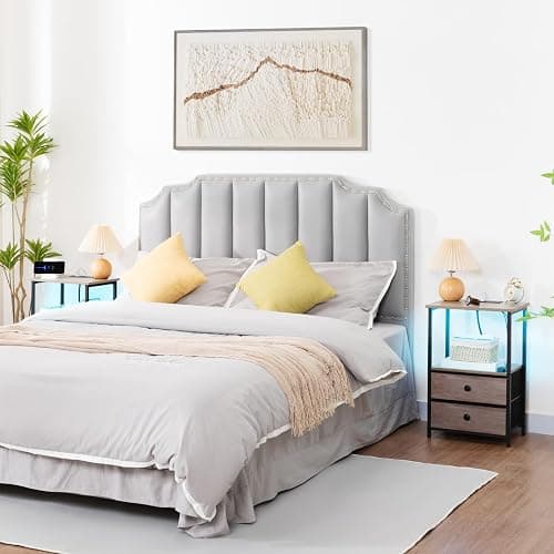 LOAKEKEL Night Stand Set 2, LED Nightstand with Charging Station, End Tables with Storage Shelf, Bedside Table with 2 Fabric Drawers for Bedroom, Small Spaces, Grey HETS02PGY thumbnail 9