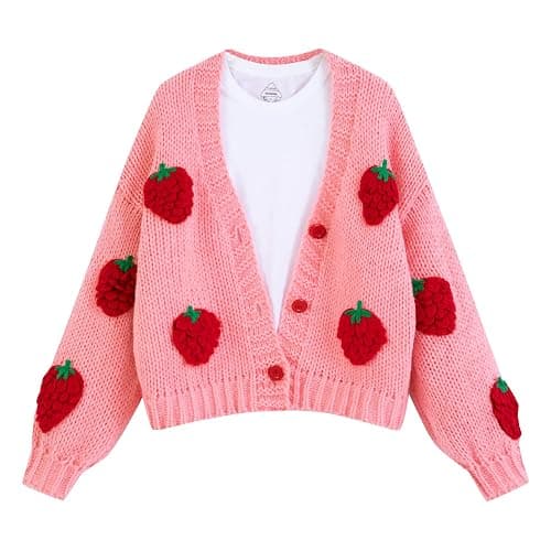 FindThy Women’s Kawaii Strawberry Embroidered Cardigan Long Sleeve V Neck Chunky Knitted Cardigans Tops - Image 1