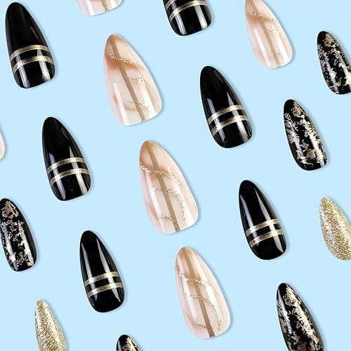 Black Amber Press on Nails Almond Fake Nails Medium Length Gold Foil Glue on Nails with Designs False Nail Tips Exquisite Almond Shape Stick on Nails Medium Artificial Nails for Women 24Pcs thumbnail 3
