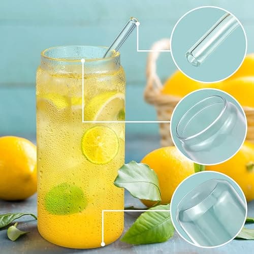 Glass Cup with Lids and Straw, 16oz Glasses Cups with Bamboo Lids and Straws Set of 6 Beer Glass Iced Coffee Glasses Cute Tumbler Cup for Fruit Juice, Smoothie, Boba Tea, Water thumbnail 5