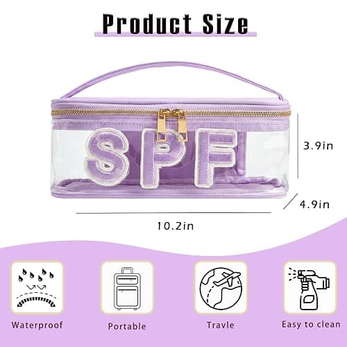 RSRSLEII Clear Waterproof Summer SPF Makeup Bag，Aesthetic Transparent Letter Patch Cosmetic Bag with Metal Zipper, Preppy Sunscreen Accessories Storage Organization, Beach Travel Purse(08Purple) thumbnail 3